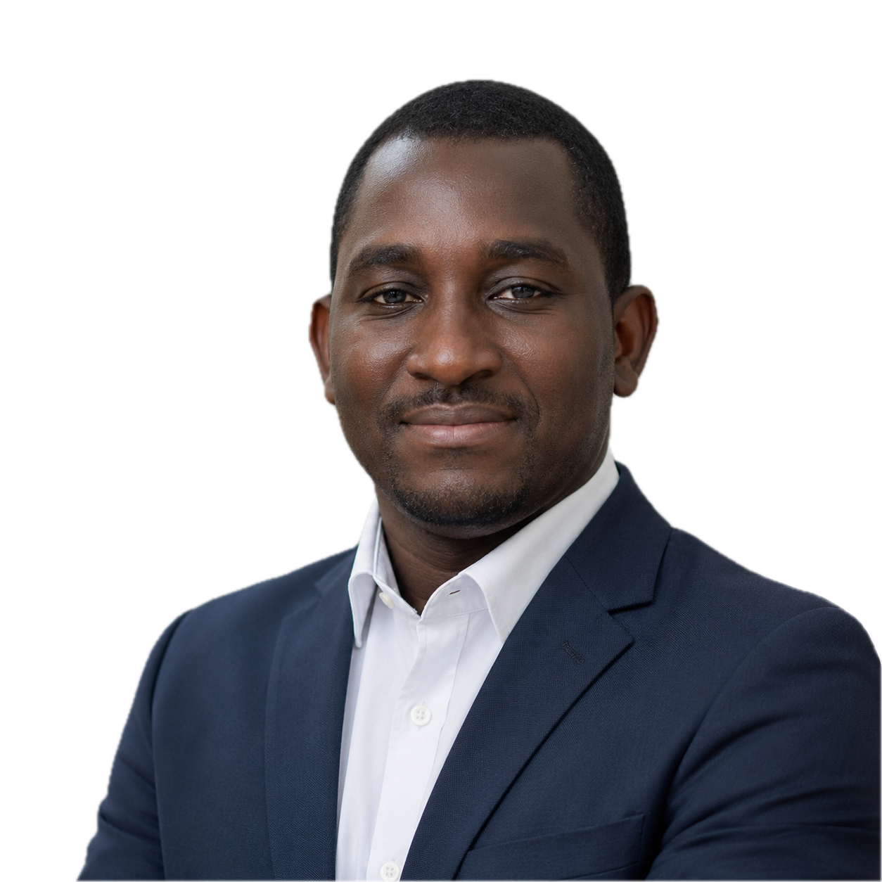 Portrait of Kwamivi Gomado wearing a navy suit.
